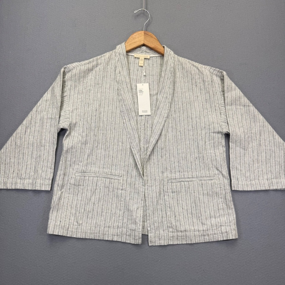 Eileen Fisher Womens XS Organic‎ Linen Cotton Striped Short Jacket Ivory S9BEO